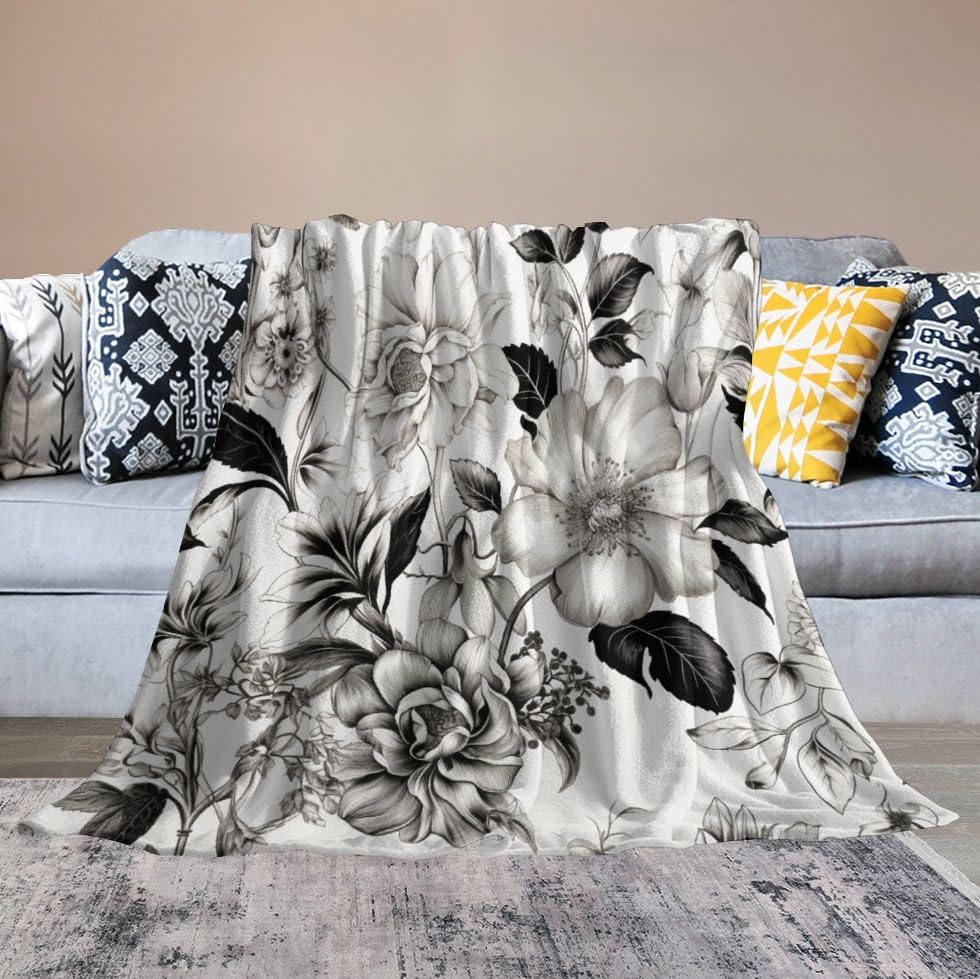 ABCD FLEURS sofa blanket ブランケット Amazon.com: Blanket Black White Vintage Botanical Floral ToileSoft